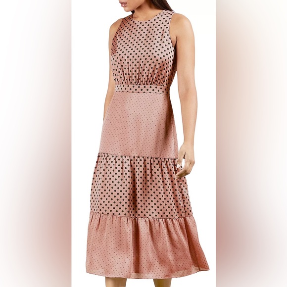 NWOT Ted Baker London Sleeveless Izzie Dusky Pink Polka Dot Back Bow Midi Dress - Picture 11 of 12